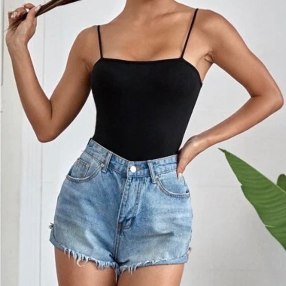 cute and trendy spaghetti strap bodysuit black